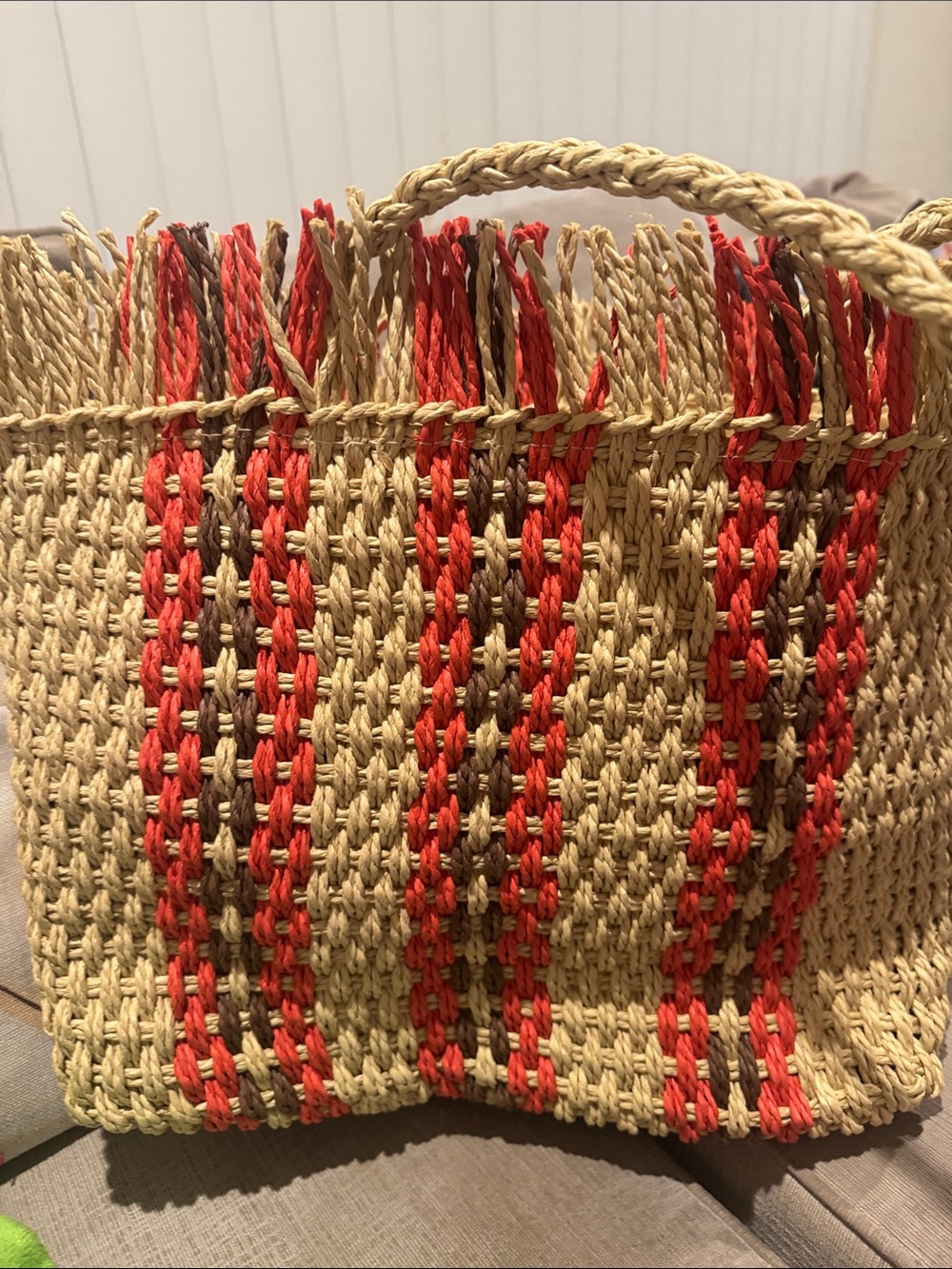 Woven Straw Tote Bag with Orange and Brown Stripes with zipper